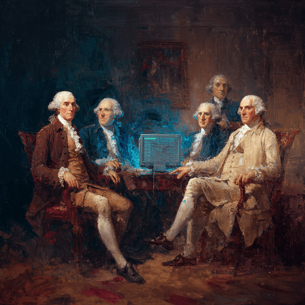 Founding Fathers collaborating in a high-tech lab